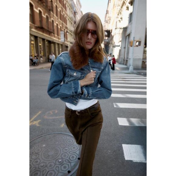 ZARA Z1975 FAUX FUR COLLAR SHORT DENIM JACKET - Picture 7 of 10